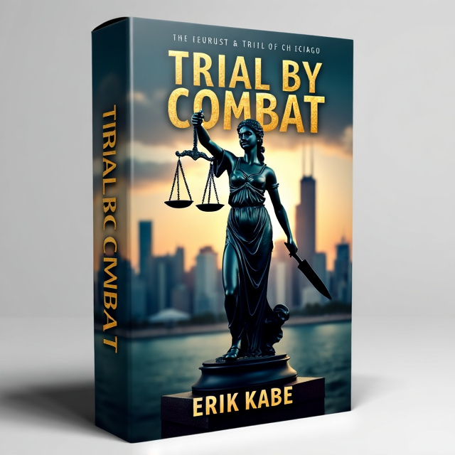 Lady justice stands in the center of the cover, holding the scales of justice in one hand and a butcher's cleaver in the other. Behind her, the Chicago skyline looms in the distance, capturing the scale and grandeur of the city. The design uses simple heraldic symbols to convey the theme of justice and the action and adventure genre.