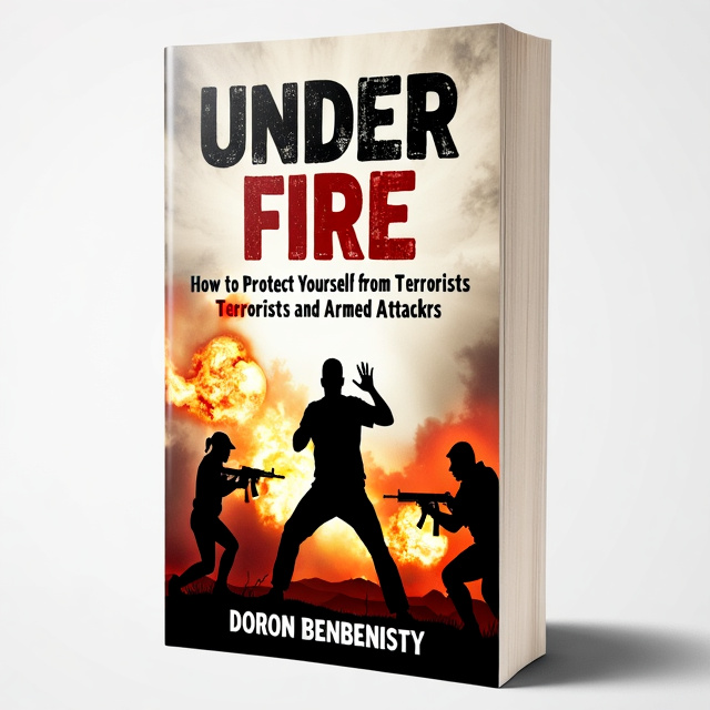 The cover features a dynamic image of a person in a defensive stance, ready to protect themselves. In the background, there are silhouettes of armed attackers and explosions, creating a sense of urgency and danger.