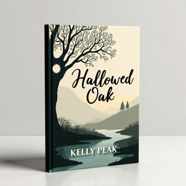 The cover features a silhouette of a leafless oak tree with a knotty opening on the trunk. Behind the tree, a gentle flowing stream is depicted. The overall design has an elegant and understated aesthetic, with soft and feminine color palette.