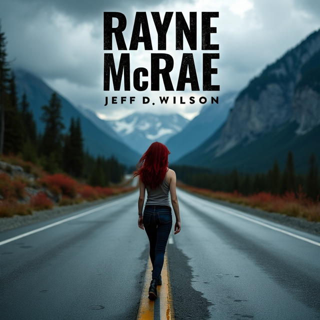 A young woman with dark red hair is walking down a desolate, mountain highway in British Columbia. The scene is gloomy and lonely, with dark clouds overhead and the woman's body slightly silhouetted. The highway stretches into the distance, disappearing into the mountains.