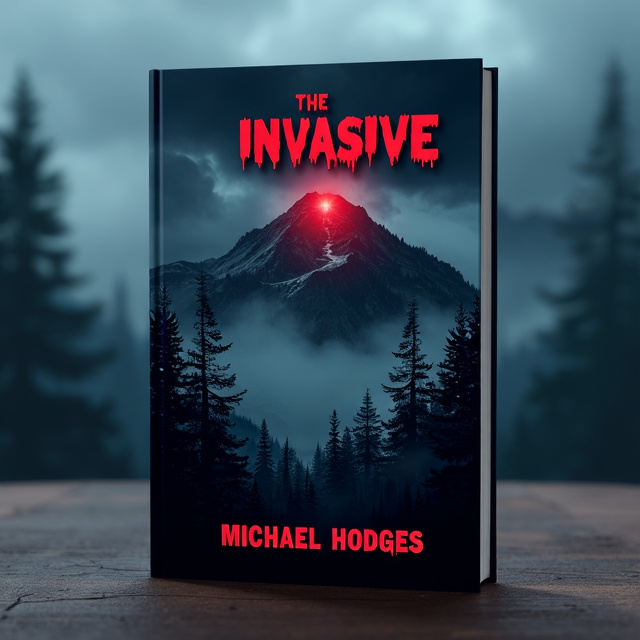 A dark, mysterious forested mountain at night with a red blinking light in the distance. The mountain is shrouded in mist, giving it an eerie and otherworldly feel.