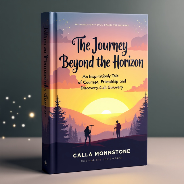 The title, "The Journey Beyond the Horizon", is written in a bold, adventurous font at the top of the cover. The subtitle, "An Inspirational Tale of Courage, Friendship, and Discovery", is placed below in a smaller, elegant font. The sky is depicted with warm, vibrant colors such as gold, orange, and soft purple, representing a sunrise or sunset. In the distance, a faint glowing line on the horizon hints at the treasure they seek. Silhouettes of the Whispering Woods, a hint of the River of Reflections, and tiny sparks of light representing the Trial of Fire are subtly included in the background.