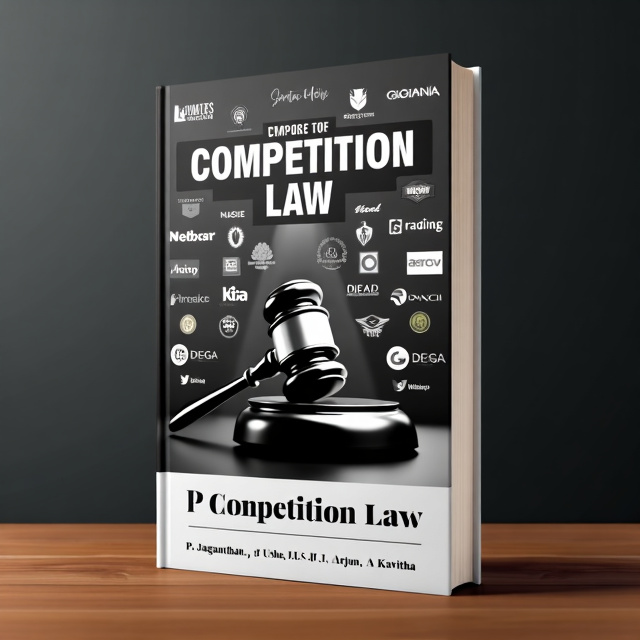 The cover features a close-up image of a gavel, symbolizing the legal aspect of competition law. Behind the gavel, there is a collage of multinational company logos, representing the global nature of competition. The overall visual style is sleek and professional, with a monochromatic color scheme of black, white, and shades of gray.