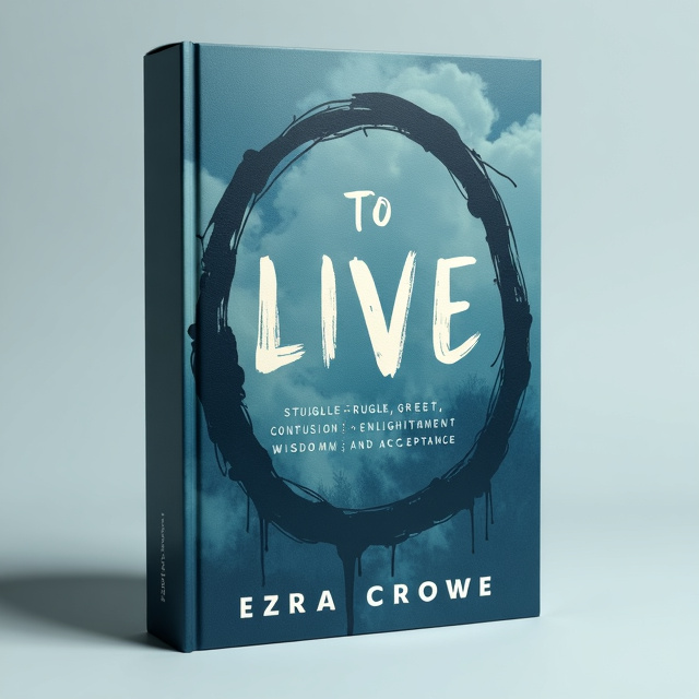 The cover features a blueish background with a subtle gradient, creating a somber and introspective mood. In the center, there is an unfinished circle, symbolizing the ongoing journey of life. Inside the circle, there are abstract elements representing struggle, grief, confusion, enlightenment, wisdom, and acceptance, portrayed through expressive brush strokes. The simplicity of the design allows for the emotions to take center stage.