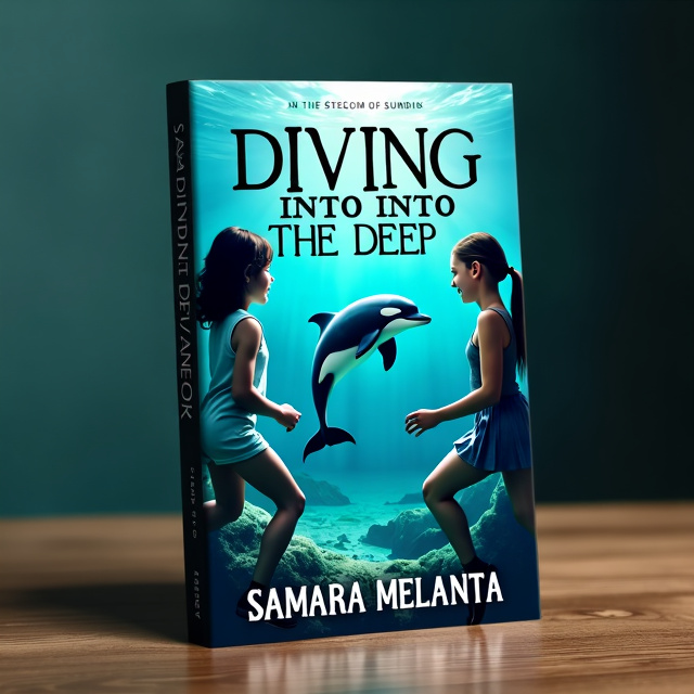 The cover features an underwater scene with two girls, one on each side of the cover. In the center, there is a playful dolphin swimming towards the viewer, while an Orca gracefully glides in the background. The colors used are sea blue and dark blue, with a hint of green, to create a sense of mystery and depth.