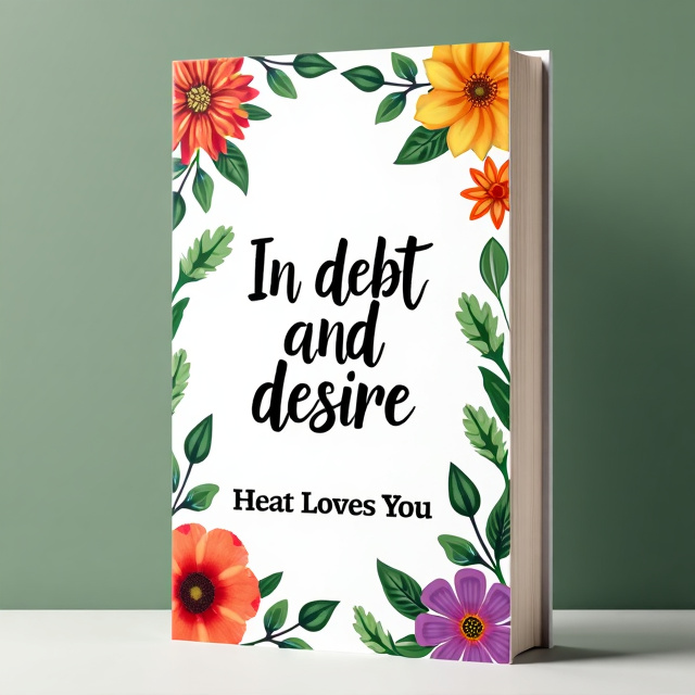 The cover features a white background with a border of green branches surrounding the edges. Colorful flowers are scattered along the branches, adding pops of vibrant hues. The book title, "In Debt and Desire," is placed in the center, with the author name, "Heat Loves You," below it.