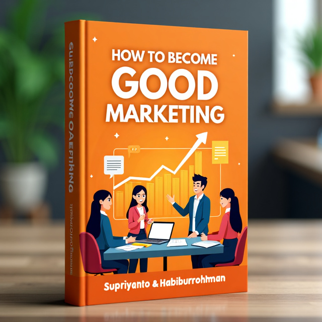 The cover features a vibrant orange background with a batik company setting in the foreground. The scene shows enthusiastic young workers engaged in various marketing activities, while a successful sales graph is displayed prominently in the center.