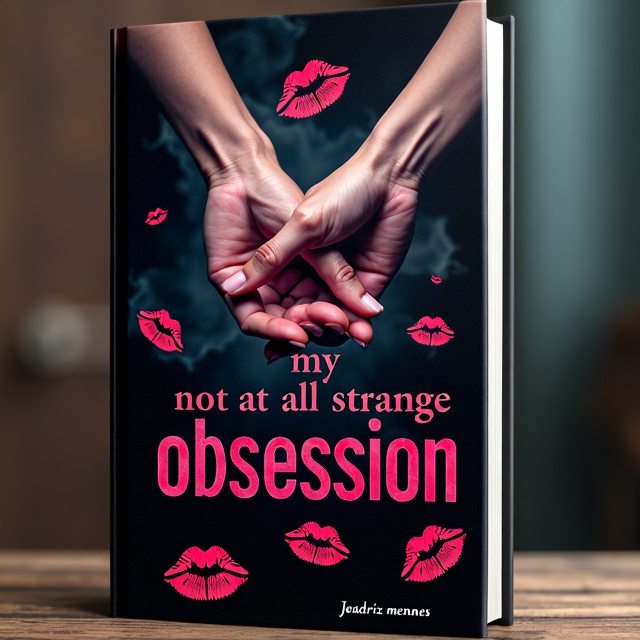 The cover features a black background with a misty and mysterious atmosphere. The title "my not at all strange obsession" is placed in the center in bold, pink and red fonts, giving it a seductive and captivating feel. The cover is adorned with lipstick kiss marks scattered all over, symbolizing passion and desire. In the middle of the cover, there are two sets of hands locked together, one belonging to a man and the other to a woman, representing the romantic aspect of the story.
