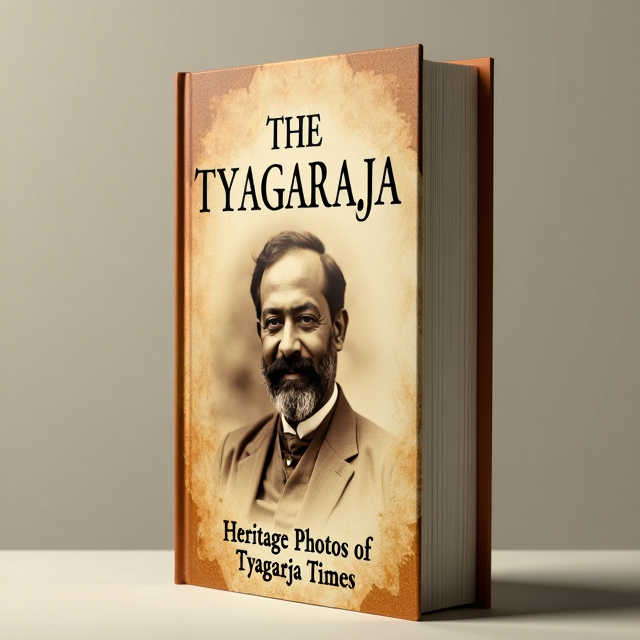 The cover features a sepia-toned photograph of Tyagaraja, a prominent figure from the historical fiction genre. The photograph is centered and takes up most of the cover, with a faint texture overlay to give it a vintage feel. The title "THE TYAGARAJA" is placed in bold, elegant typography at the top of the cover, while the words "Heritage Photos of Tyagaraja Times" are positioned at the bottom in a more traditional font.
