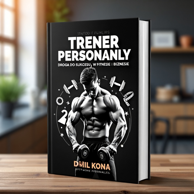standing book mockup, Its title is "Trener Personalny: Droga do Sukcesu w Fitnessie i Biznesie".  The cover features a bold black and white image of a fit and strong personal trainer in action, superimposed with eye-catching graphics of dumbbells, measuring tape, and a success trophy. The elements are arranged in a dynamic and engaging manner, with the trainer positioned in the center and the graphics surrounding him. The book title is displayed in a sleek and modern sans-serif font, with "Trener Personalny" in bold and "Droga do Sukcesu w Fitnessie i Biznesie" in a slightly smaller size. The font choice adds to the professional and authoritative feel of the cover., The title is placed at the top of the cover, spanning the full width, while the subtitle is aligned to the right. The author name is not included in the design. The area where the author's name typically appears should be left completely blank, with no text or placeholder.