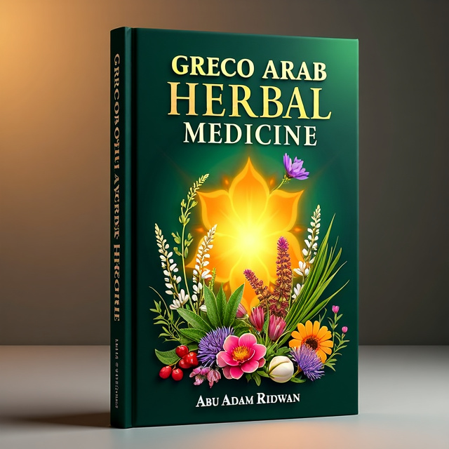 The cover features a dark green background with a vibrant glow emanating from the center. The glow is surrounded by an assortment of colorful herbs and plants, representing the diverse range of medicinal plants discussed in the book. The title "Greco Arab Islamic Herbal Medicine" is prominently displayed in bold lettering at the top, with the author's name "Abu Adam Ridwan" appearing below in a more elegant font.