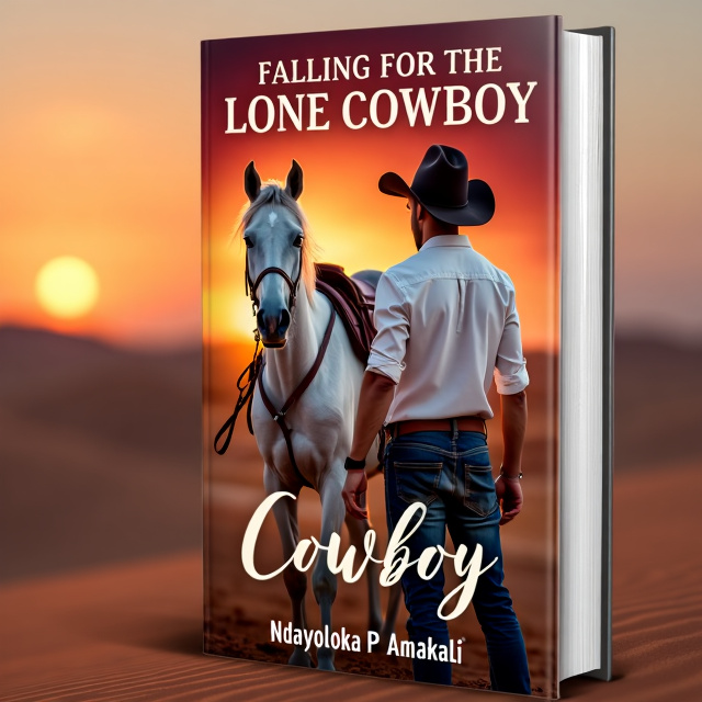 The cover features a light-skinned cowboy wearing a cowboy hat and a white cotton shirt, standing beside a majestic white stallion. They are depicted against the backdrop of the Namib Desert at sunset, with vibrant colors illuminating the scene.