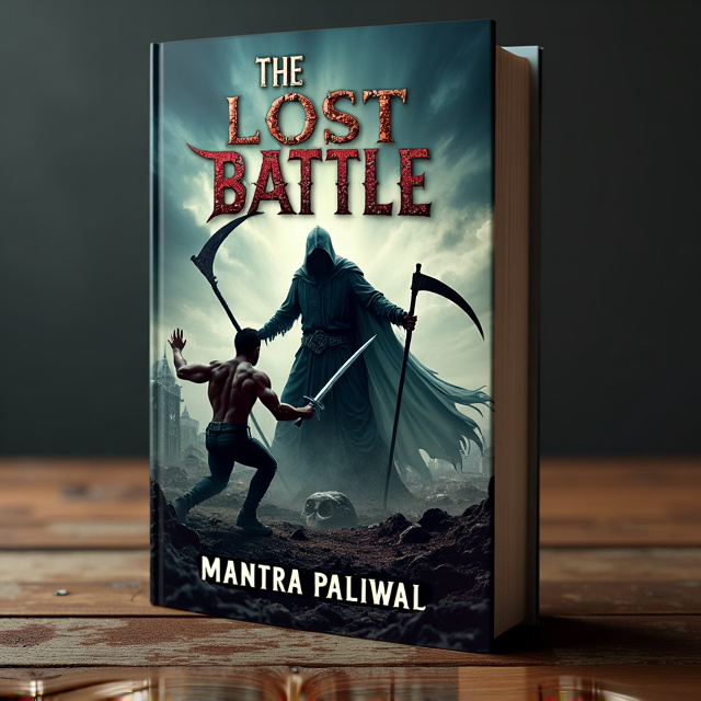 The cover features a dark and ominous background with a faint image of a war-torn battlefield. In the foreground, a menacing dark lord is shown wielding a scythe, while a wounded swordsman is struggling to defend himself. Both characters have visible injuries, depicting the brutality of the battle.