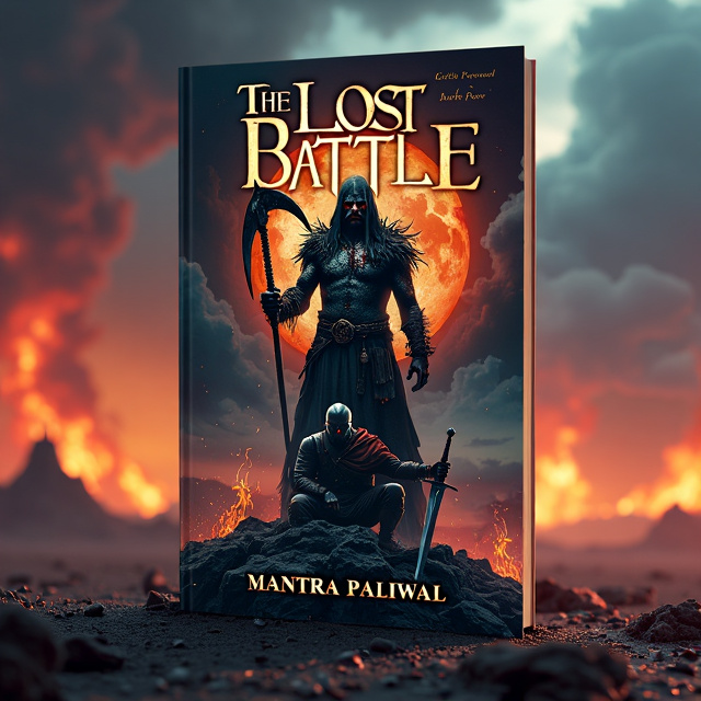 A dark and desolate land with a fiery sky. In the center, a towering dark lord holding a scythe, covered in scars and wounds. On the ground beneath him, a swordsman in armor, also wounded, desperately trying to defend himself.