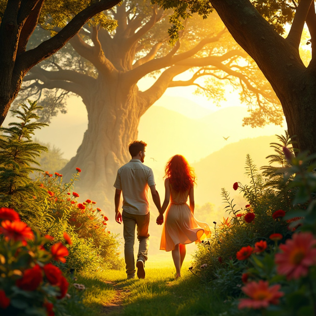 The young man and red-haired woman are depicted walking hand in hand through the Garden of Eden, surrounded by lush vegetation and vibrant flowers. The golden light of the setting sun filters through the trees, creating an aura of serenity and mystery. The majestic Tree of Life rises in the background, symbolizing hope and renewal.