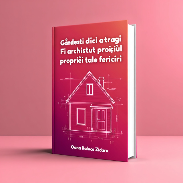 The cover features a vibrant pink background with a gradient effect, transitioning from light to dark. At the center of the cover, there is a bold, red architectural blueprint drawing of a house, representing the idea of building one's own happiness. Surrounding the blueprint are pink, abstract shapes that add a sense of movement and energy to the design.