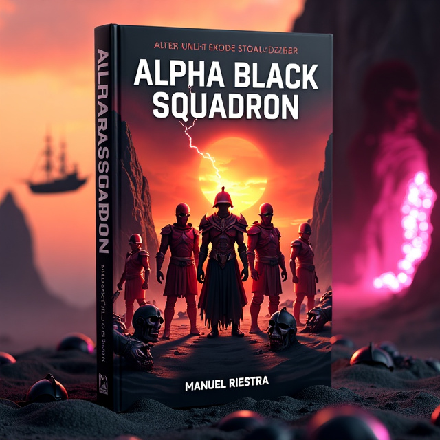 The cover features a central image of five soldiers in red armor, standing back to back in a desert with black sand. In front of them, a man in ragged robes holds a lightning bolt, defending the soldiers. Surrounding them are zombies with black, Spartan-like helmets blown to pieces, trying to crawl up and kill them. On the right side, there is a cave with a pink, glowing stone, and a ship can be seen flying in the background. The sunset creates a dark orange hue in the sky.