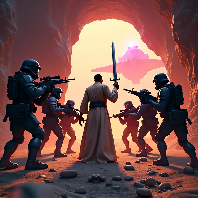 Five soldiers in full combat gear are positioned in a circle, back to back, with their guns pointed forward. In the center, a man wearing flowing robes stands tall, holding a gleaming sword to defend the group. Surrounding them are zombies clad in spartan-like armor, lunging towards the group. On the right side, a cave entrance is visible, emanating a soft pink glow, with a spaceship in the background among the dark orange sky.