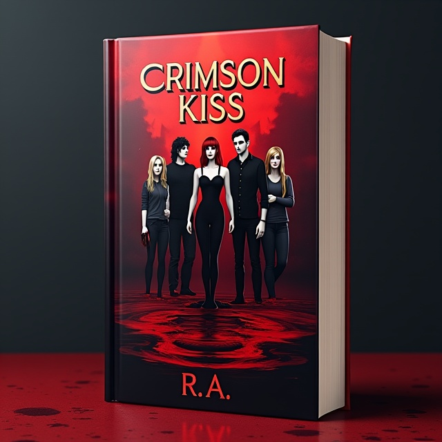 A gothic woman with dark red hair stands in the middle of a pool of blood. There is a man to her right with long black hair and gold eyes. To her left is a blonde woman with lavender eyes, her lips are parted to show fangs. Standing behind her is a tan man with curly black hair and black eyes.