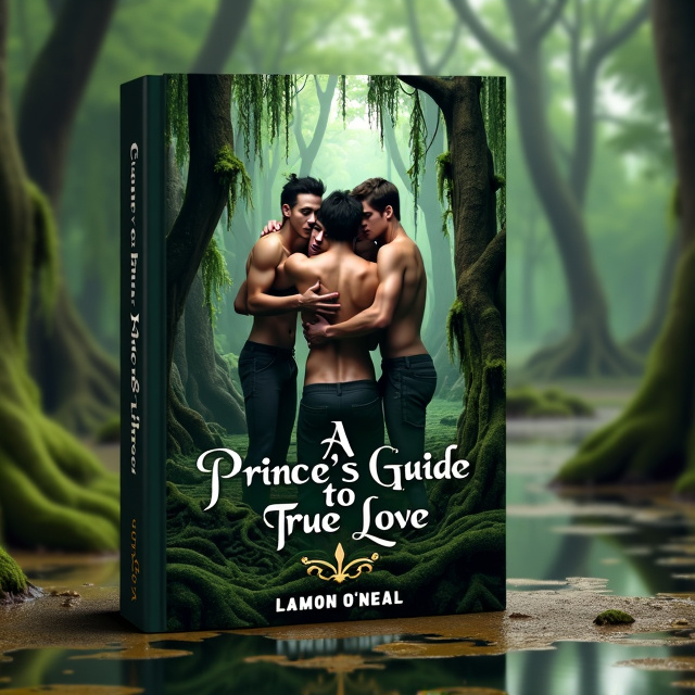 The cover features a detailed, full view of a swampy forest, with dense, moss-covered trees and murky waters. In the center of the forest, four ragged, handsome princes are hugging each other tightly, their expressions reflecting confusion and horror.