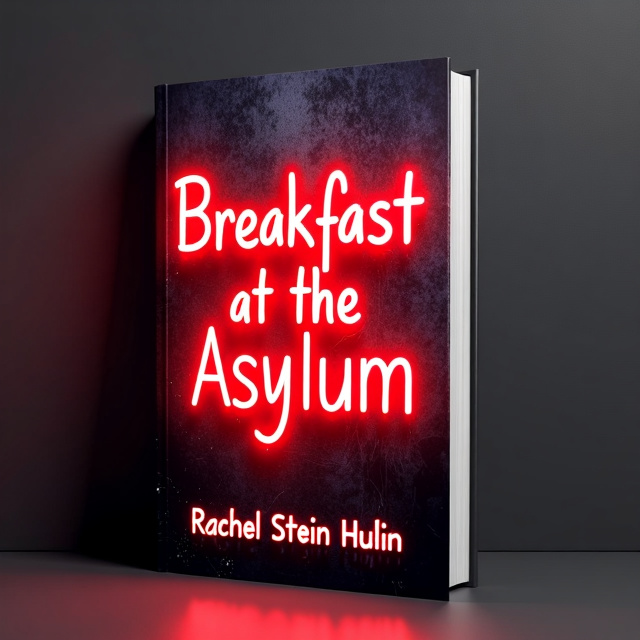 The cover features a neon sign with the title "Breakfast at the Asylum" in a classic serif font. The sign is placed against a dark, textured background, giving it depth and dimensionality. The sign glows in a bold red color, creating a striking contrast with the background. The author's name, Rachel Stein Hulin, is placed at the bottom of the cover in a smaller serif font.