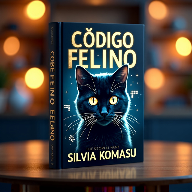 The cover features a large image of a mysterious cat with an enigmatic gaze, positioned in the center of the cover. The cat's eyes have a soft glow, suggesting hidden secrets. The title "Código Felino" is placed above the cat, using a bold, modern font that resembles a secret code. Subtle graphic elements resembling codes or puzzles are scattered around the cat, creating an intriguing atmosphere. The background is a dark navy blue color with hints of gold and silver, adding contrast and elegance to the design.