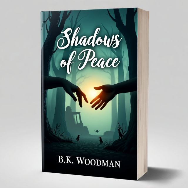 standing book mockup, Its title is "Shadows of Peace". Its author name is B.K. Woodman.  The cover features a close-up of two hands reaching towards each other, one cast in shadow and the other bathed in a soft, warm glow. In the background, a misty forest with hints of magical creatures and ancient ruins adds an element of fantasy. The title "Shadows of Peace" is written in an elegant, script font, with the words "Shadows" and "Peace" curving around the top and bottom of the cover respectively. The author's name, B.K. Woodman, is displayed in a bold, serif font at the bottom., The hands and title are placed at the center of the cover, with the author's name below them. The misty forest background fills the remaining space, adding depth to the composition.