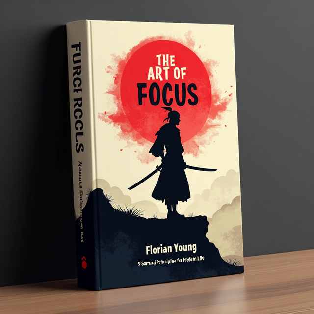 The cover features a striking visual composition with a shadow of a samurai warrior standing on a cliff. In his hand, he holds a katana, symbolizing power and determination. Behind him, a large red sun adds a dramatic effect and represents focus. The color palette is bold and vibrant, capturing the attention of the viewer.
