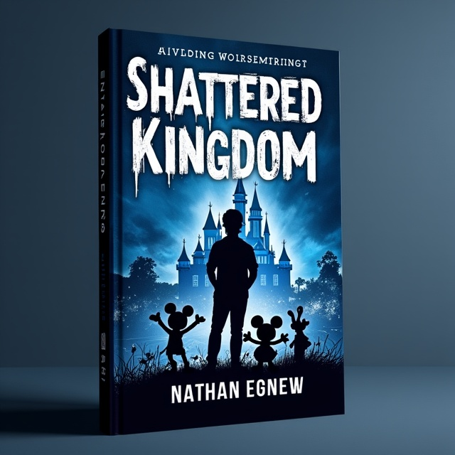 The cover features a dark, midnight blue background with the silhouette of a teenage boy standing in front of the iconic Disneyland castle. In the foreground, we see a war scene unfolding, with explosions and destruction, representing the shattered kingdom. Among the chaos, we find Mickey Mouse, Donald Duck, and Goofy, also in silhouette, standing defiantly. The imagery is impactful and visually striking.