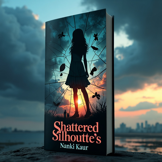 The cover features a fragmented silhouette of a girl standing slightly off-center, with cracks and broken textures illuminating her figure. The stormy sky background is textured with dark, swirling clouds. Within the silhouette, there are faint images of a setting sun and a distant cityscape. Subtle, ghostly objects like a broken necklace and torn letters float within the silhouette. The title, "Shattered Silhouette," appears in jagged, broken lettering at the bottom of the cover.