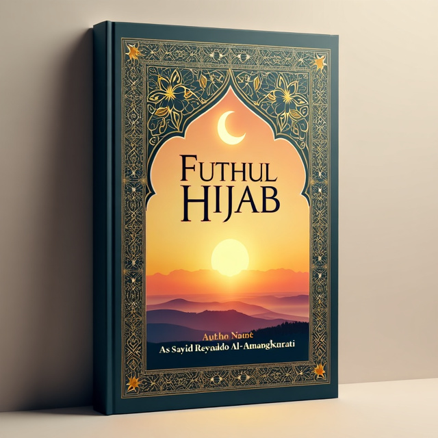 A central crescent moon above a radiant sunrise on the horizon, symbolizing spiritual awakening. The title "Futuhul Hijab" is in bold calligraphy at the center, with the author's name placed below. Surrounding the central scene are intricate gold Islamic geometric patterns, radiating from the borders toward the center. Ornamental borders frame the cover, with smaller stars and floral motifs scattered subtly across the background.