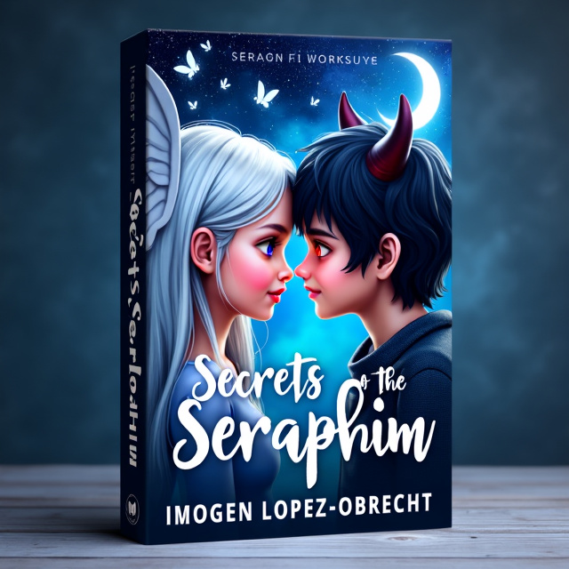 The cover features an angel girl with white blonde, knee-length hair and big blue eyes, looking lovingly into the red eyes of a demon boy with black hair, horns, wings, and fangs. They are surrounded by a starry night sky, with a crescent moon and moths fluttering around them.