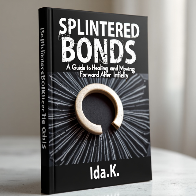 The cover features a broken wedding ring, symbolizing the broken love and trust after infidelity. The ring is shown against a background of black and white stripes, representing the chaos and suffering caused by betrayal. The title "Splintered Bonds" is displayed prominently, with the word "Splintered" appearing in shattered letters, further emphasizing the theme of brokenness. The author's name, "Ida. K," is placed at the bottom of the cover in a stylish font.