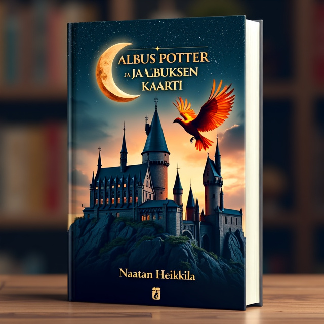 The cover features an image of Hogwarts Castle in the foreground, with a phoenix bird flying above it against a dark, starry sky. The half moon is prominently displayed in the upper left corner. The castle is shown in a slightly tilted angle to create a sense of movement and excitement.