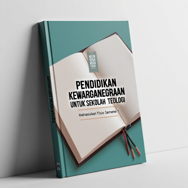 The cover features a close-up image of a book with a bookmark highlighting the title "Pendidikan Kewarganegaraan untuk Sekolah Teologi." The book is placed against a clean and minimalistic background, giving a professional and polished look.