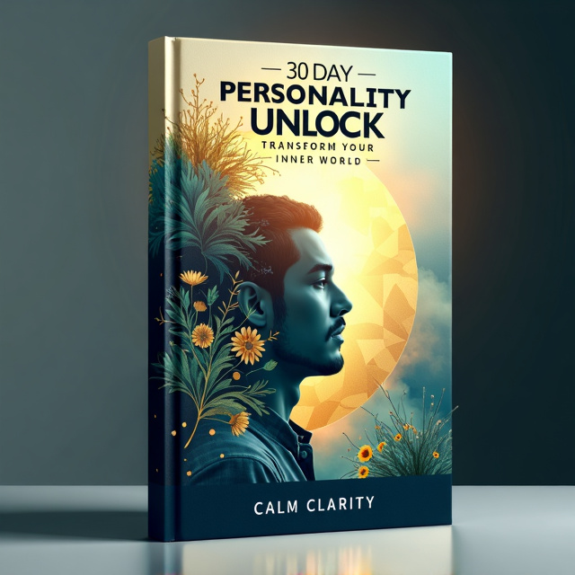 The cover features a serene and dynamic scene with a calm and thoughtful man's face emerging at the center. The man's face is subtly layered with abstract, golden geometric patterns symbolizing the complexity of personality. Vibrant gold hues blend with soft gradients of teal and navy blue in the background, representing the journey of self-discovery and inner growth. Delicate and blooming flowers or foliage are incorporated in the background to signify new beginnings and the flourishing of one's inner world.