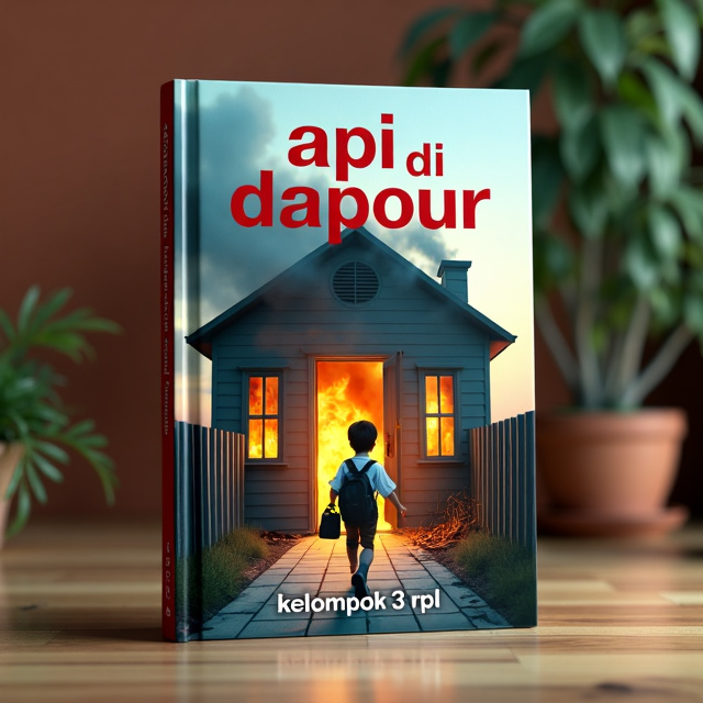 standing book mockup, Its title is "api di dapur". Its author name is kelompok 3 rpl.  The cover features a close-up image of a house that is partially burned down, with smoke rising from the charred remains. In the foreground, there is a little boy rushing out of the front door, holding a school bag and wearing a disheveled uniform. The title "api di dapur" is written in bold, red letters, placed at the top of the cover. The author's name, "kelompok 3 rpl", is written in a smaller, more elegant font, positioned at the bottom of the cover., The visual elements are arranged in a way that draws the viewer's attention to the burnt house and the little boy, creating a sense of urgency and curiosity about the story.