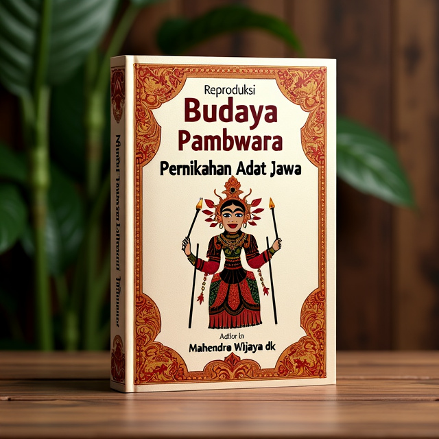 The cover features a prominent image of a kayon wayang, a traditional Javanese puppet used in performances. The image is placed centrally, surrounded by intricate patterns and motifs inspired by Javanese culture. The colors used are warm and rich, representing the vibrancy of the cultural traditions depicted in the book.