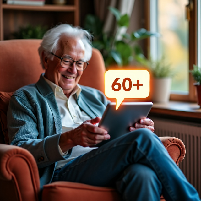 A smiling senior citizen sits comfortably in a cozy living room armchair, holding a tablet with a curious expression. A glowing chat bubble hovers above the tablet, displaying the simplified ChatGPT logo. Soft, warm lighting illuminates the scene, with faint circuit patterns subtly hinting at technology in the background.
