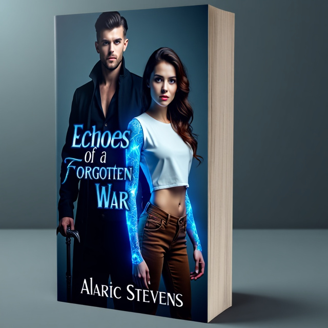 The cover features a beautiful female archaeologist standing next to a stunning male vampire. The female character is depicted wearing a white short-sleeved shirt, brown pants, and blue iridescent tattoos pulsing with an ethereal glow covering her arms, shoulders, and torso. The male character exudes confidence and regality, wearing a black robe, a sleek high-collared black shirt, and matching black trousers. He is holding an ornate claymore. The overall atmosphere is one of sophisticated elegance, with a subtle hint of mystery and intrigue.