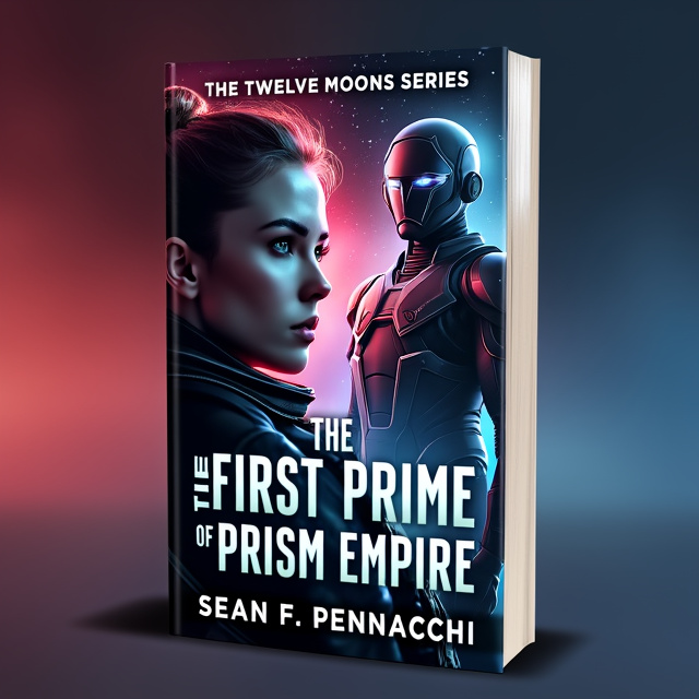 The cover features a close-up of Karen, the 61-year-old Thresher, on the left side of the cover. She is depicted in a futuristic space suit, with intense determination in her eyes. On the right side, towering over Karen, is The First Prime, a powerful Prim Warrior from the Prism Empire. The background showcases a starry galaxy, highlighting the science fiction setting of the book.