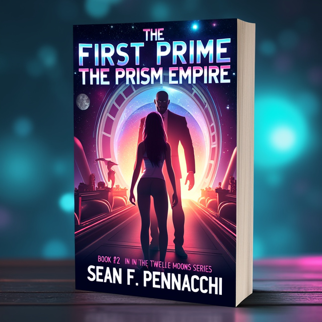 The cover features a close-up of Karen, the protagonist, standing in a futuristic spaceship with a backdrop of stars and galaxies. The First Prime of The Prism Empire looms behind her, with a menacing expression on his face. The overall style is bold and dynamic, with vibrant colors and futuristic elements.