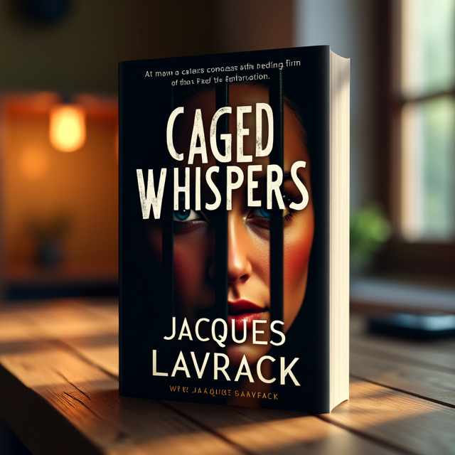 The cover features a close-up image of a person with their face partially obscured by bars, representing being encaged. The person is surrounded by a cozy and warm light, creating a sense of intimacy and intrigue. The title "Caged Whispers" is placed at the top of the cover, with the author name "Jacques Lavrack" shown at the bottom.