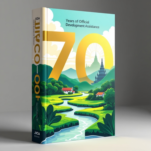 The cover features a vibrant, colorful illustration of a Thai landscape, with lush green fields, a river flowing through, and a silhouette of a Thai temple in the background. Overlaying the illustration is a large number "70" in gold, representing the 70 years of Official Development Assistance.