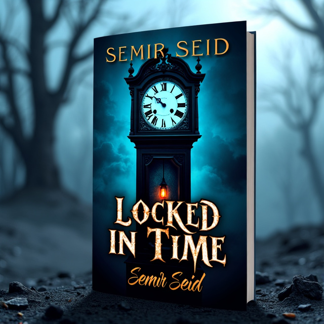 The cover features a menacing grandfather clock placed in a desolate black wasteland. The clock is the focal point, with its face featuring a pair of fiery eyes glaring out, exuding an intimidating presence. The clock is illuminated with a haunting blue glow, casting an eerie atmosphere over the scene.
