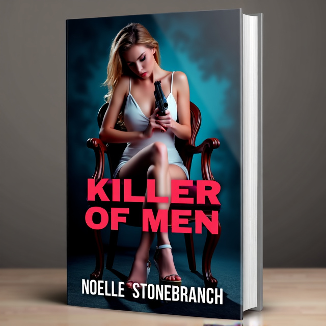 The cover features a woman sitting in a chair, looking powerful and seductive. In front of her, a man is kneeling, showing submission. The woman holds a gun, symbolizing revenge and danger. The background is dark and mysterious, with subtle hints of passion and love.