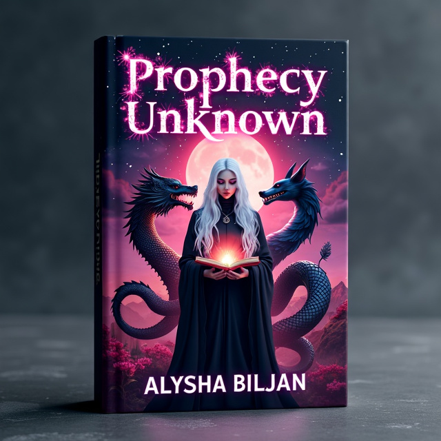 The center of the cover features a goddess in a regal black cloak with white flowing hair and albino skin, holding an ancient glowing book. Surrounding her are a phoenix, a lizard, a wolf, and a sea serpent, all designed in a Chinese dragon style. The entire scene is set against a starry night sky in shades of pinkish-purple, giving it a mystical and ancient feel.