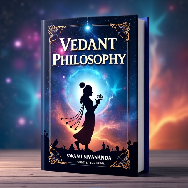 The cover features a cosmic mystic background with vibrant colors and swirling galaxies, representing the cosmic nature of Vedant philosophy. In the center, there is a silhouette of Lord Krishna holding the Bhagavad Gita, symbolizing the teachings and wisdom found in the book. The title "Vedant Philosophy" is prominently displayed in an elegant and mystical font, with the author's name "Swami Sivananda" displayed below it.