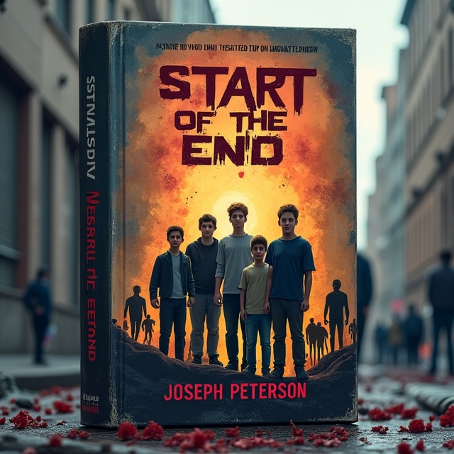 The cover features a group of six middle school boys and one young boy, standing together in a desolate urban setting. They are surrounded by hordes of menacing zombies, creating a sense of imminent danger. The boys are shown with determined expressions, portraying bravery and resilience in the face of adversity.