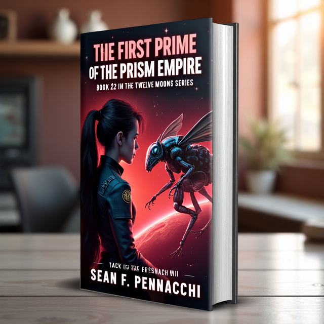 The cover features a close-up of Karen, the protagonist, in her Thresher uniform, facing off against an imposing and detailed insectoid Warrior from The Prism Empire. The background is a mix of red and black, with futuristic elements such as stars and spaceships subtly incorporated.